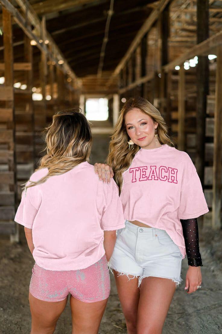Teach Shirt Oversized Women Teacher Life Pink T-Shirt Casual Embroidery - XXL