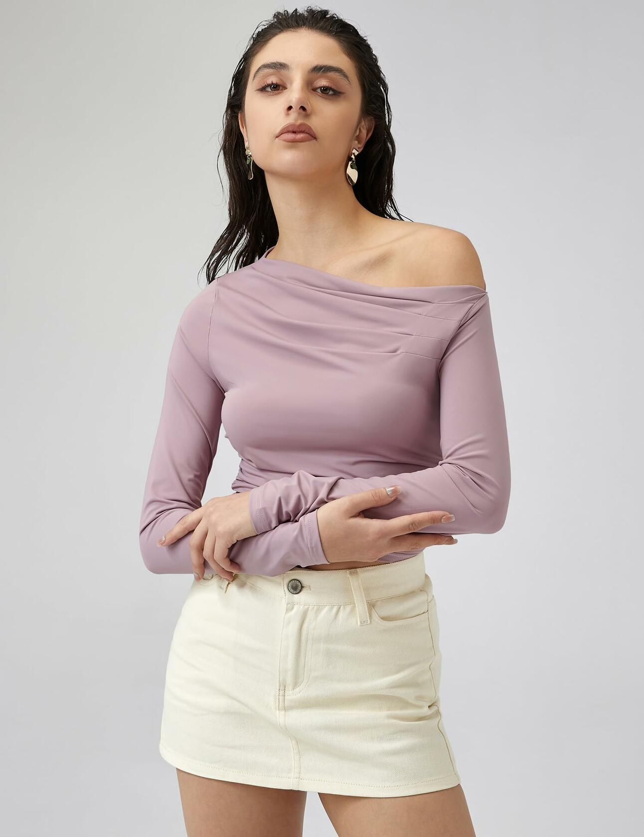 LOMON Women's Off Shoulder Slim Fit Long Sleeve Sweater Grey Size L