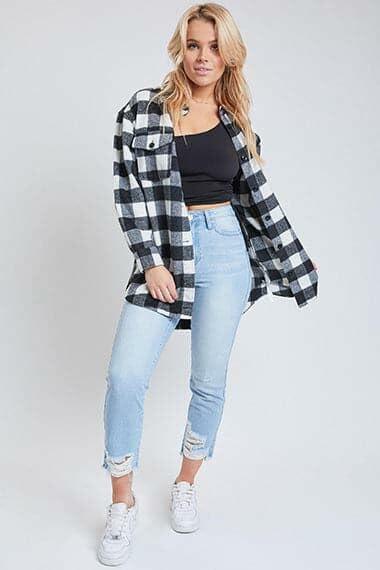 YMI Women's Long Sleeve Plaid Oversized Shacket Jacket Size M