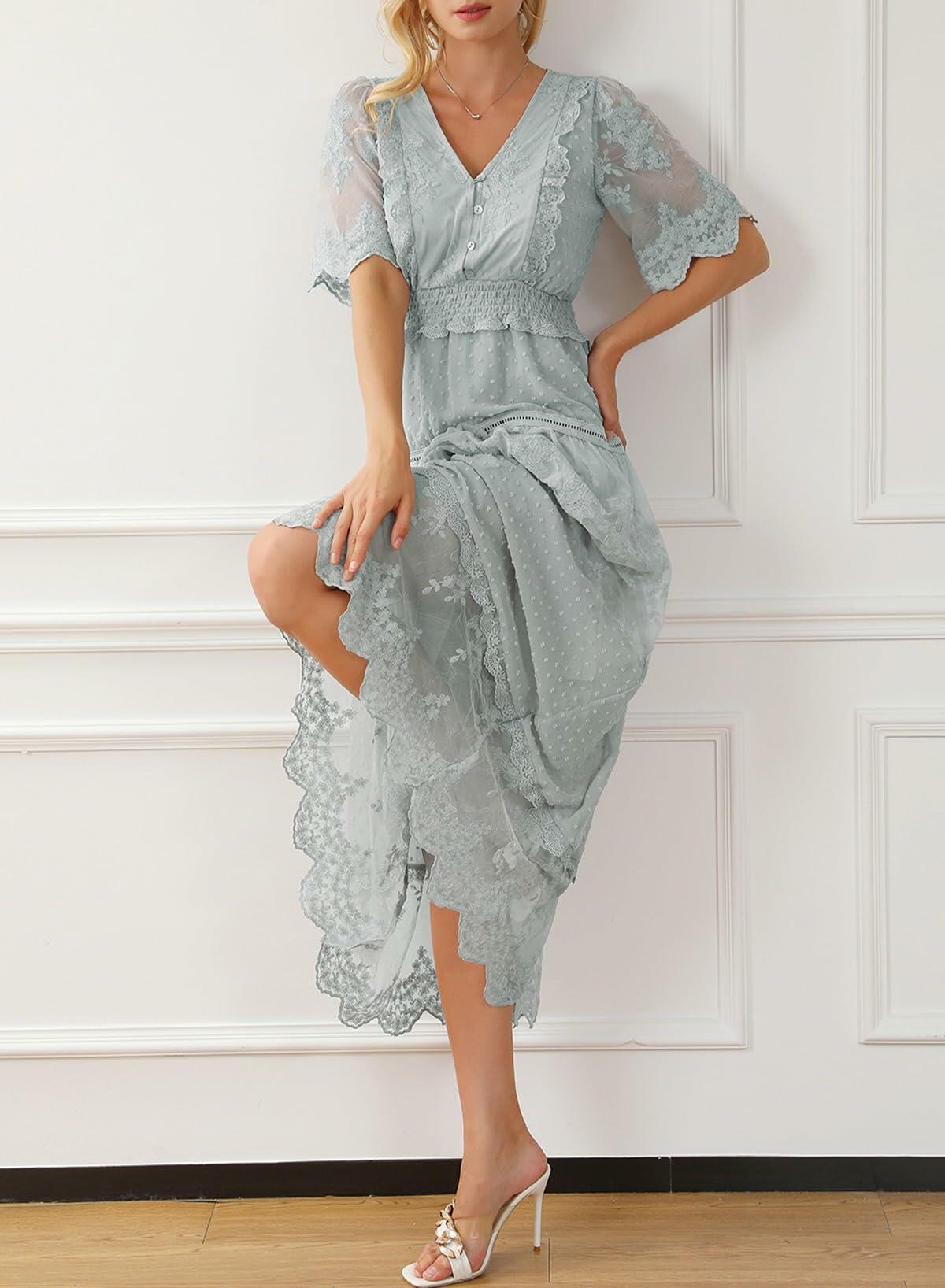 Happy Sailed Womens Gray Floral Lace Maxi Dress V Neck Button Down Size M