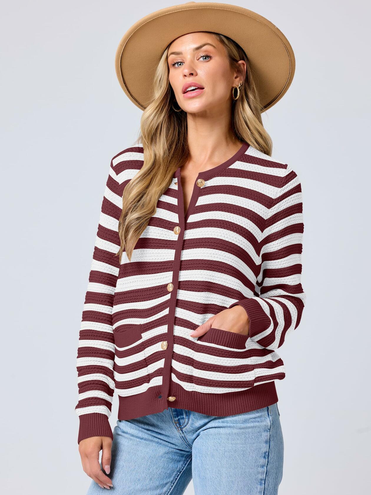 ANRABESS Women's Tweed Knit Cardigan White Red Stripe Size Small