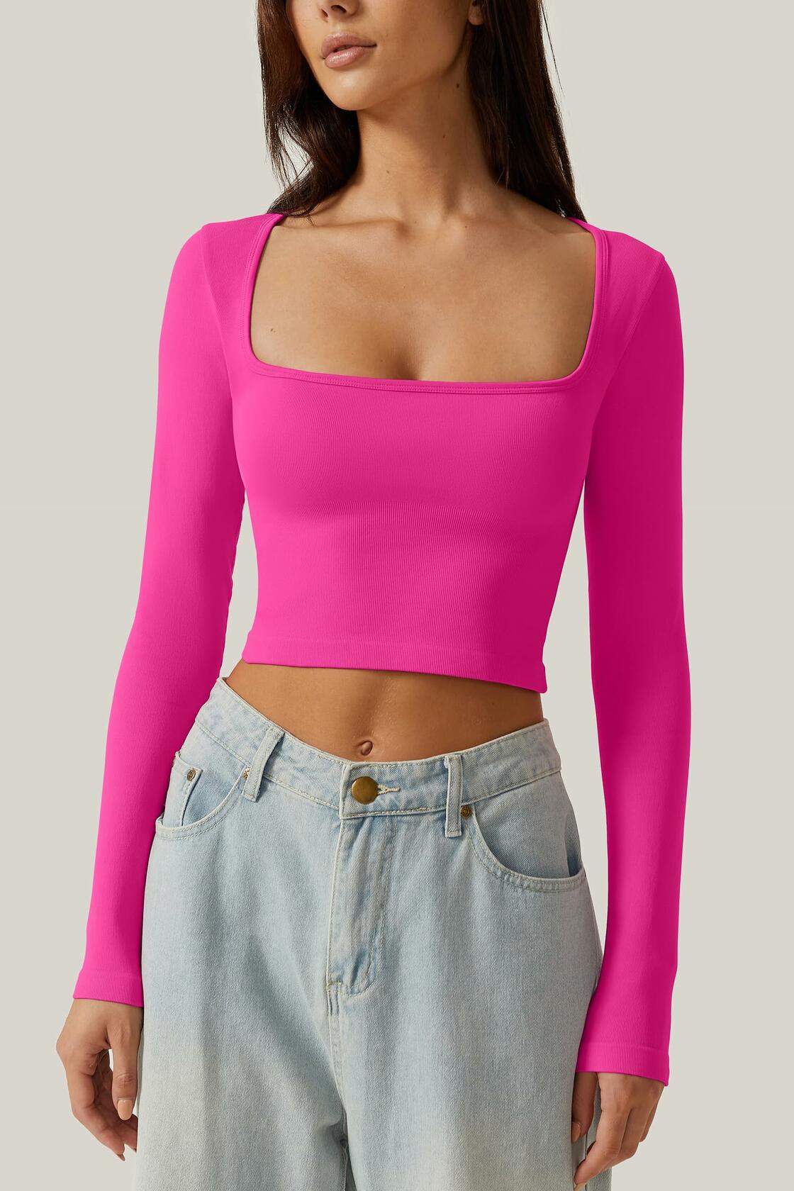 Meyeeka Women's Azalea Long Sleeve Cropped Seamless Scoop Neck Top Size M