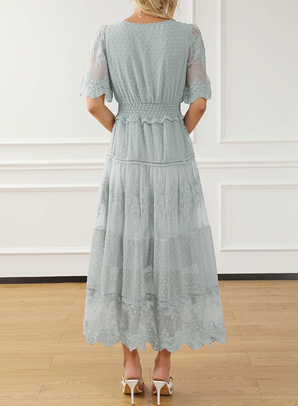 Happy Sailed Womens Gray Floral Lace Maxi Dress V Neck Button Down Size M