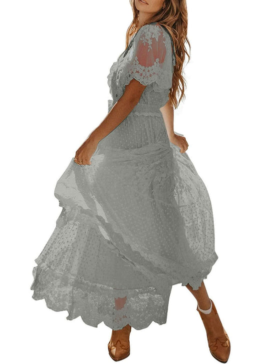 Happy Sailed Womens Gray Floral Lace Maxi Dress V Neck Button Down Size M