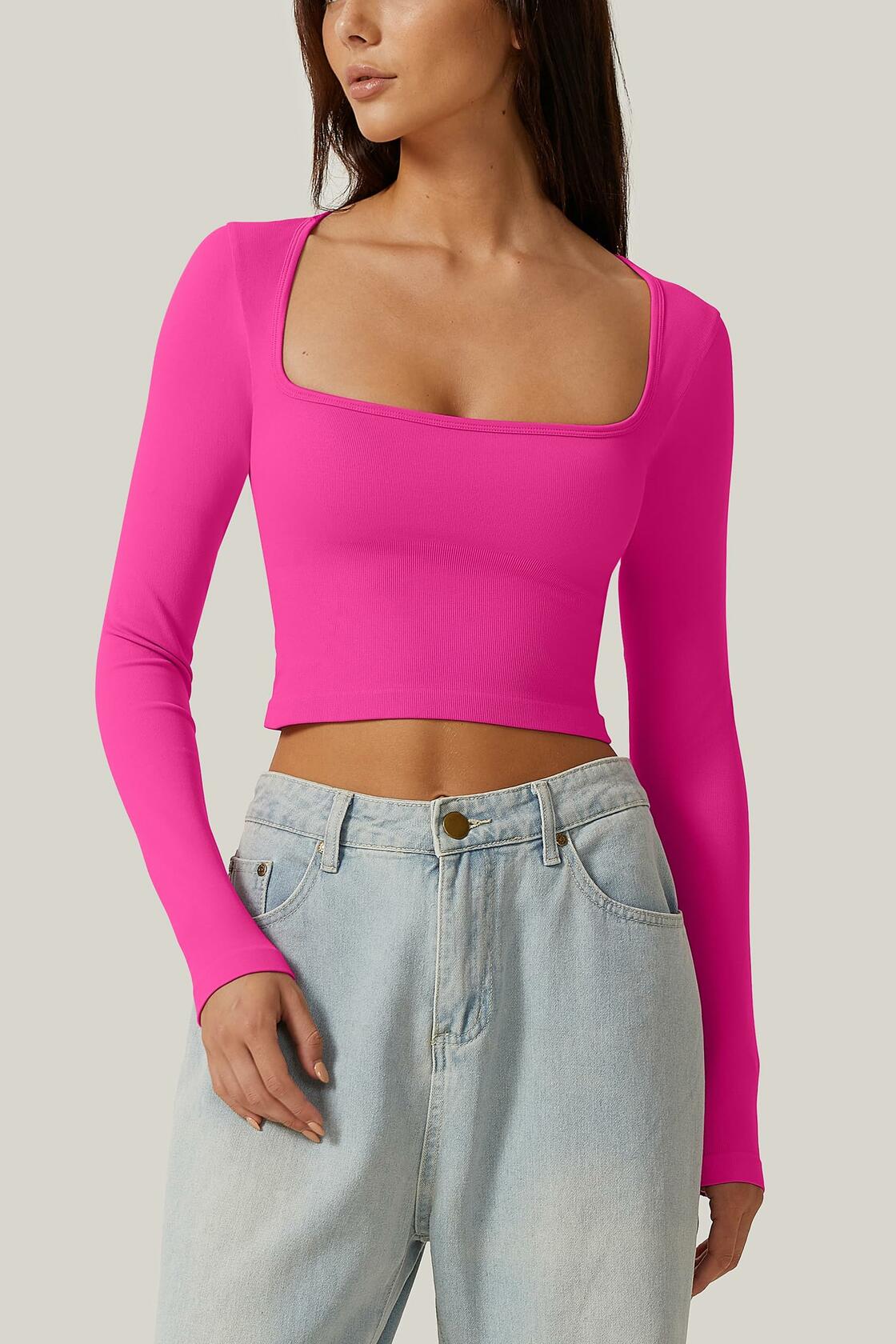 Meyeeka Women's Azalea Long Sleeve Cropped Seamless Scoop Neck Top Size M