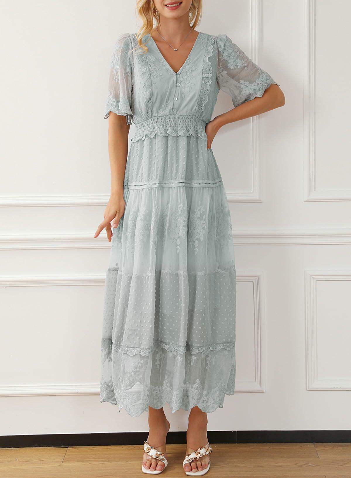 Happy Sailed Womens Gray Floral Lace Maxi Dress V Neck Button Down Size M