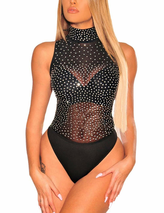 SEBOWEL Women's Studded Mock Neck Sleeveless Bodysuit Black Size M