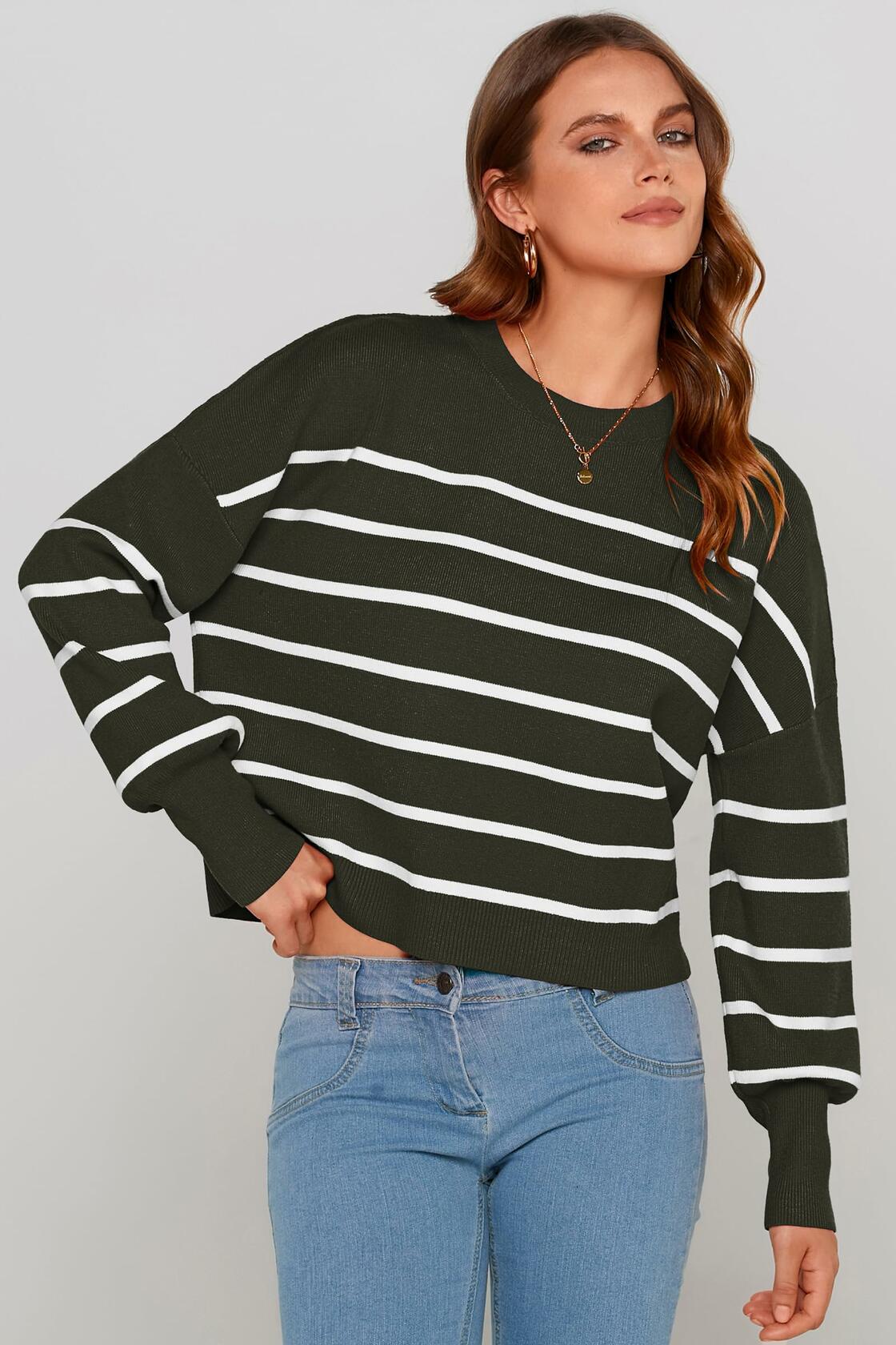 PRETTYGARDEN Women's Fall Striped Cropped Sweater Grey Size L