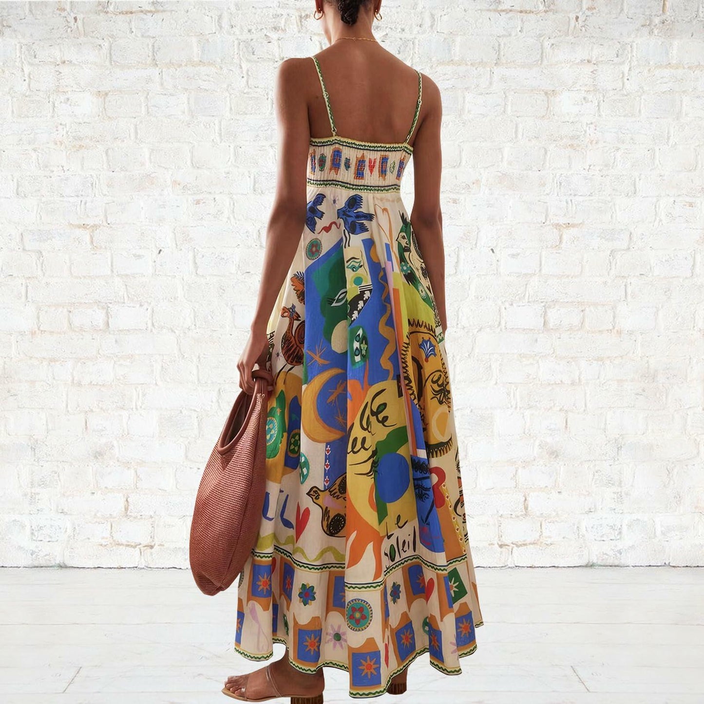 ACOSAP Women Maxi Dress Navy Blue Yellow Graphic Boho Sundress Size L