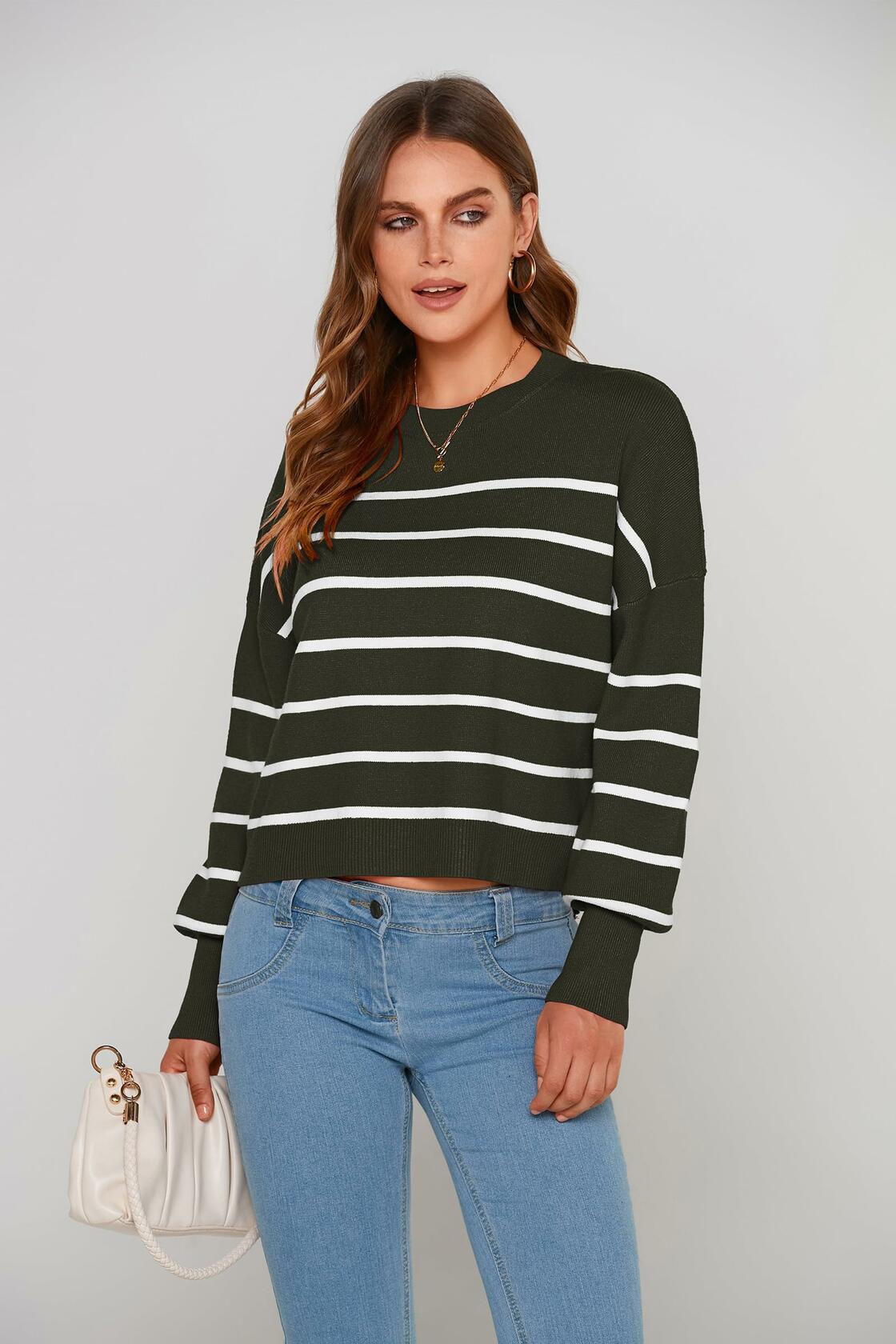 PRETTYGARDEN Women's Fall Striped Cropped Sweater Grey Size L