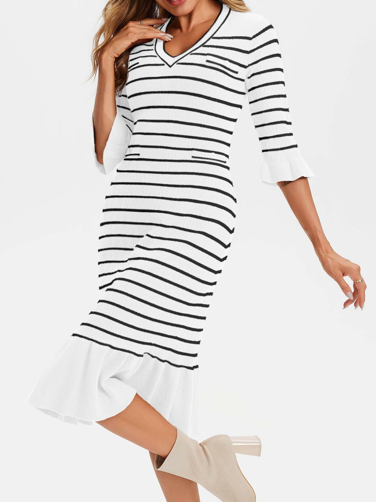 Wenrine Womens White Striped Sweater Dress V Neck Midi Knit Size M