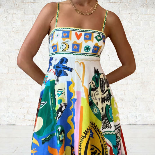 ACOSAP Women Maxi Dress Navy Blue Yellow Graphic Boho Sundress Size L