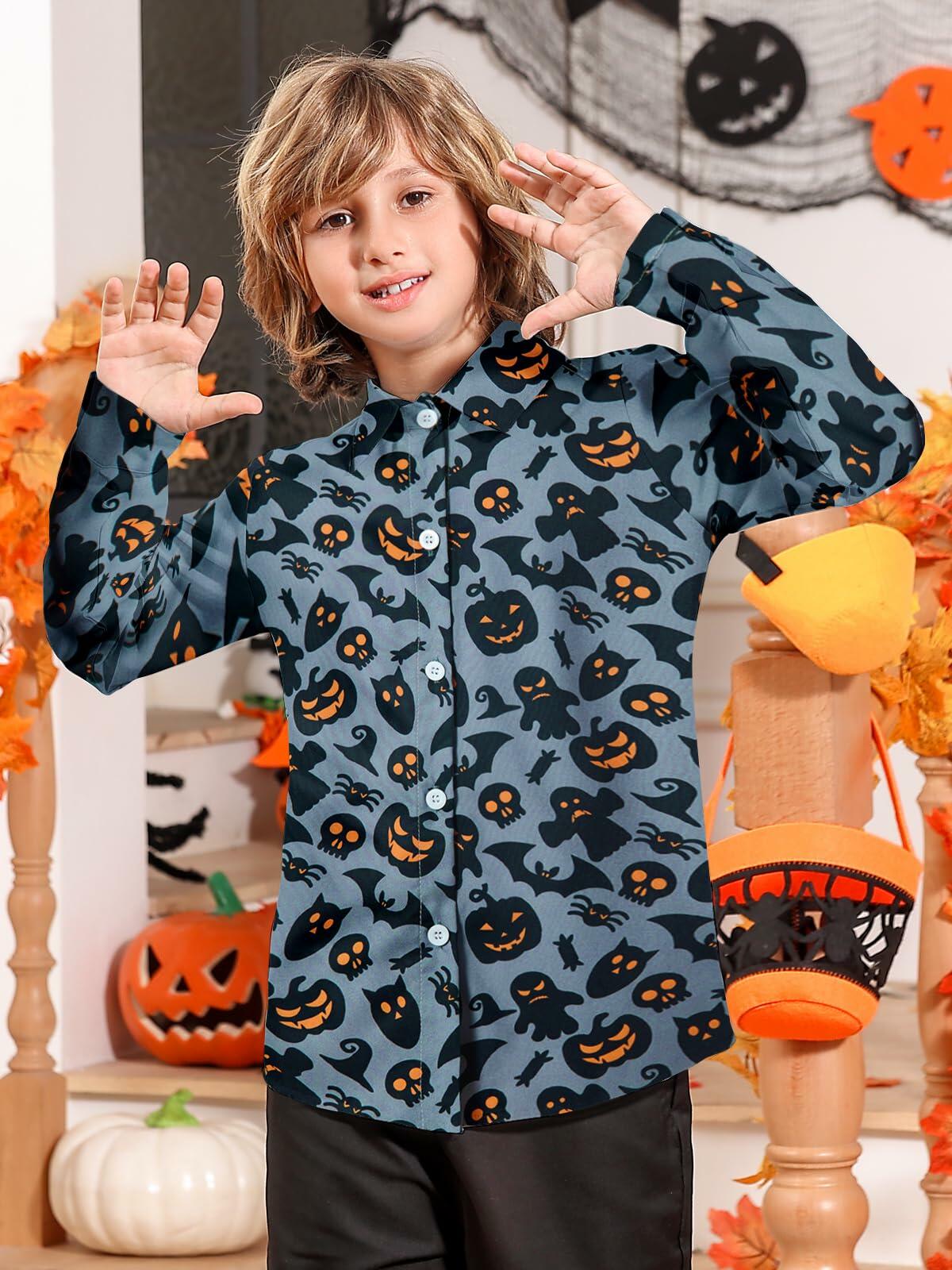 Boys Halloween Ghost Pumpkin Long Sleeve Button-Up Shirt Size 7-8