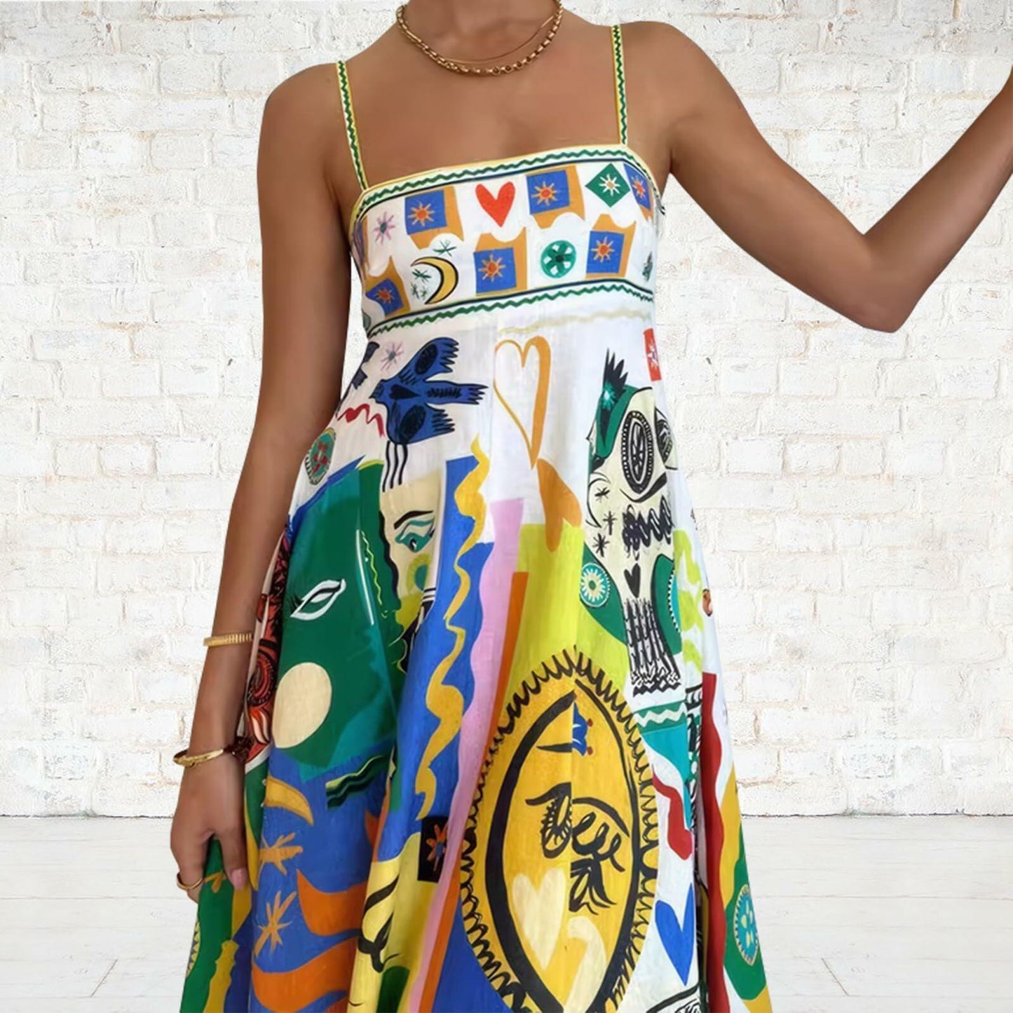 ACOSAP Women Maxi Dress Navy Blue Yellow Graphic Boho Sundress Size L