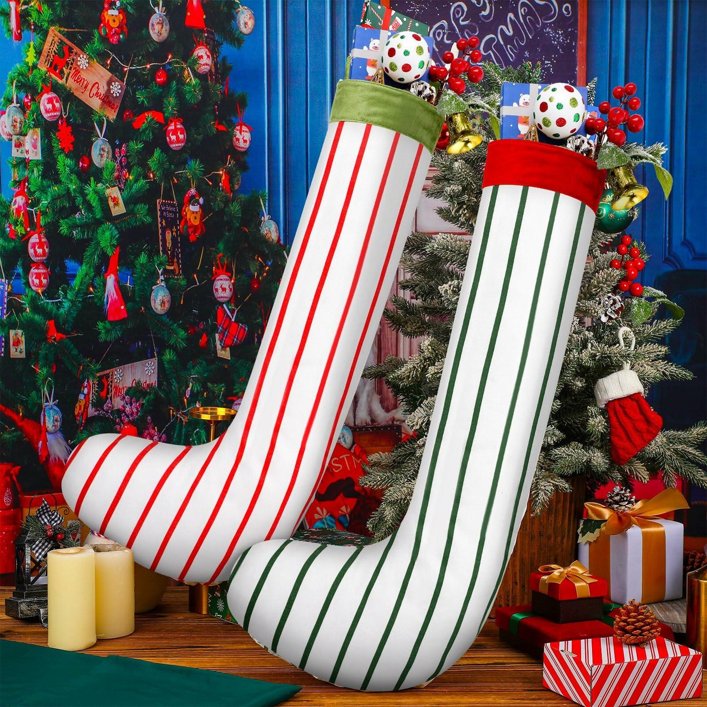 Gejoy 4 Pcs Jumbo Christmas Stockings 31.5" Red Green Striped Xmas Decor