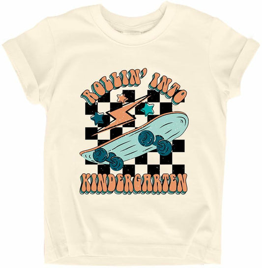 FAYALEQ Rollin Into Kindergarten Shirt Beige Kids Tee -  Size 5-6