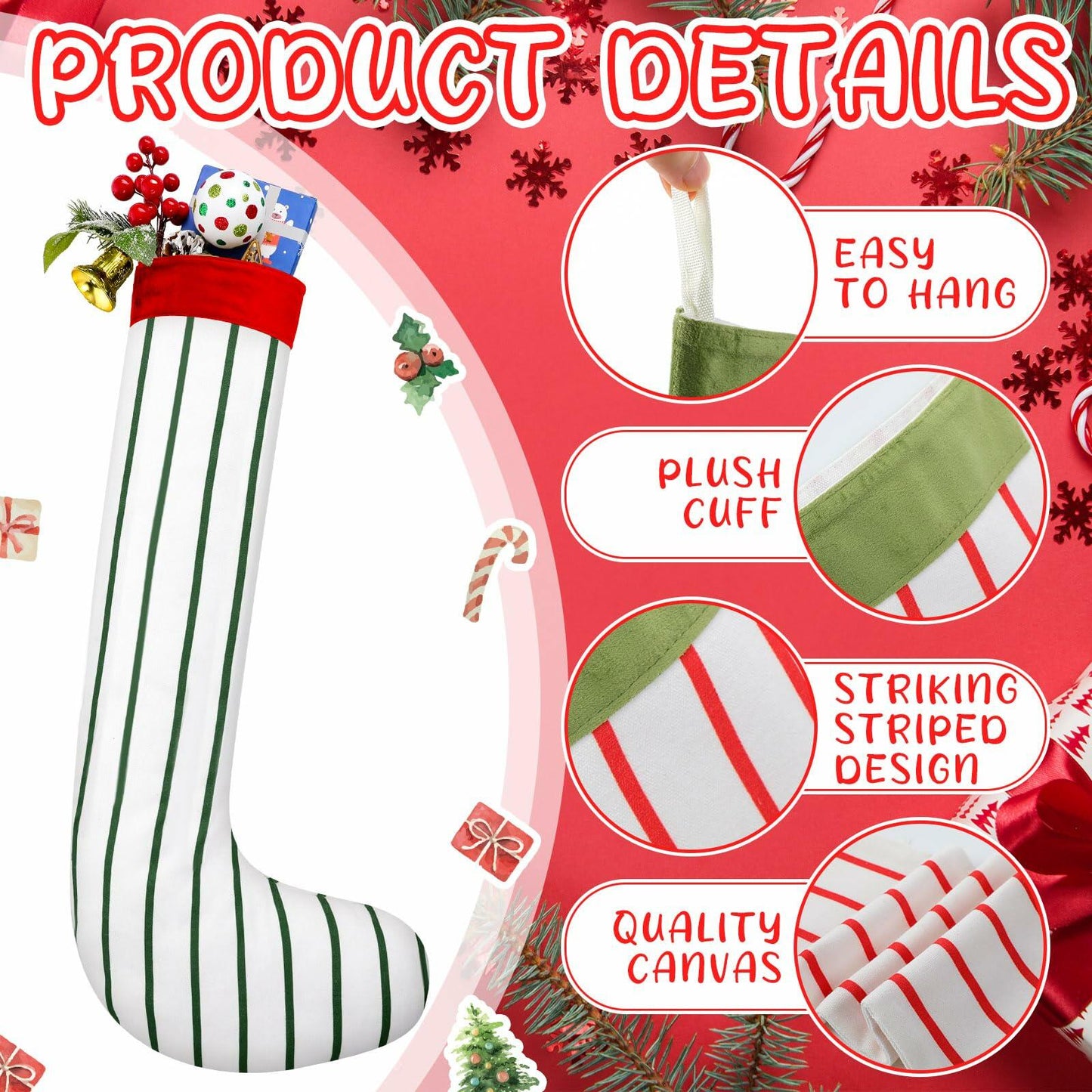 Gejoy 4 Pcs Jumbo Christmas Stockings 31.5" Red Green Striped Xmas Decor