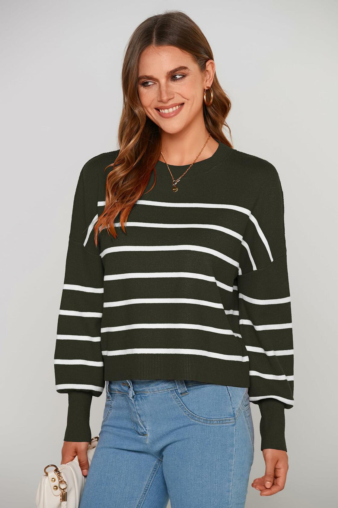 PRETTYGARDEN Women's Fall Striped Cropped Sweater Grey Size L