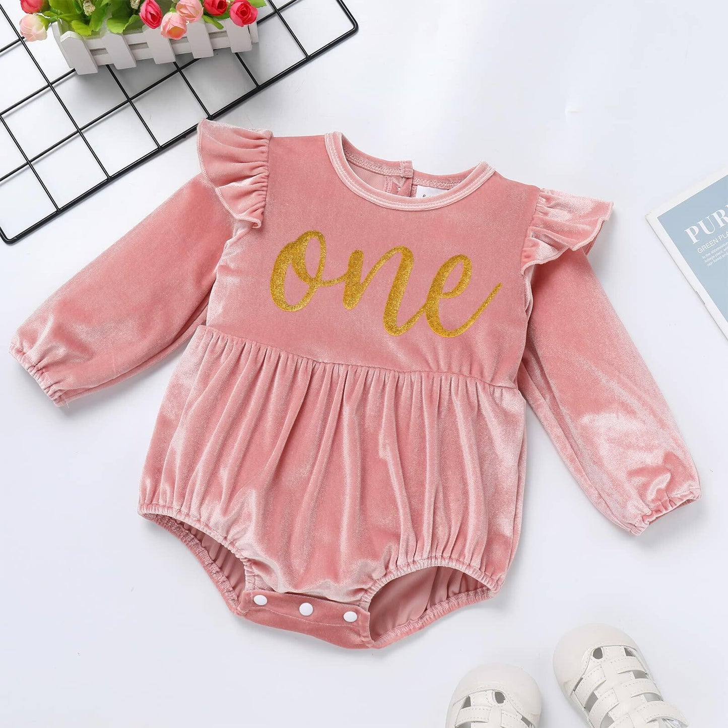 Infant Baby Girl Velvet Romper Pink Christmas Outfit Size 6-12M