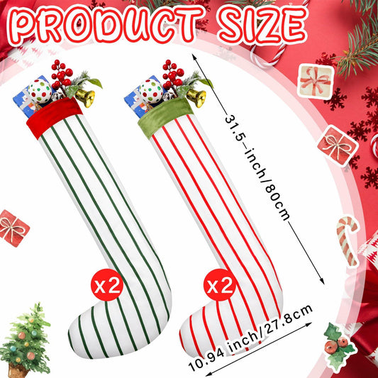 Gejoy 4 Pcs Jumbo Christmas Stockings 31.5" Red Green Striped Xmas Decor