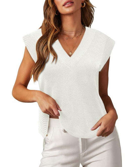 Lueluoye White V Neck Sleeveless Sweater Vest Women Casual Size S