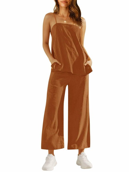 Imily Bela Womens Linen 2PC Camisole & Wide Leg Pants Brick Red Size XXL