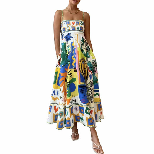 ACOSAP Women Maxi Dress Navy Blue Yellow Graphic Boho Sundress Size L