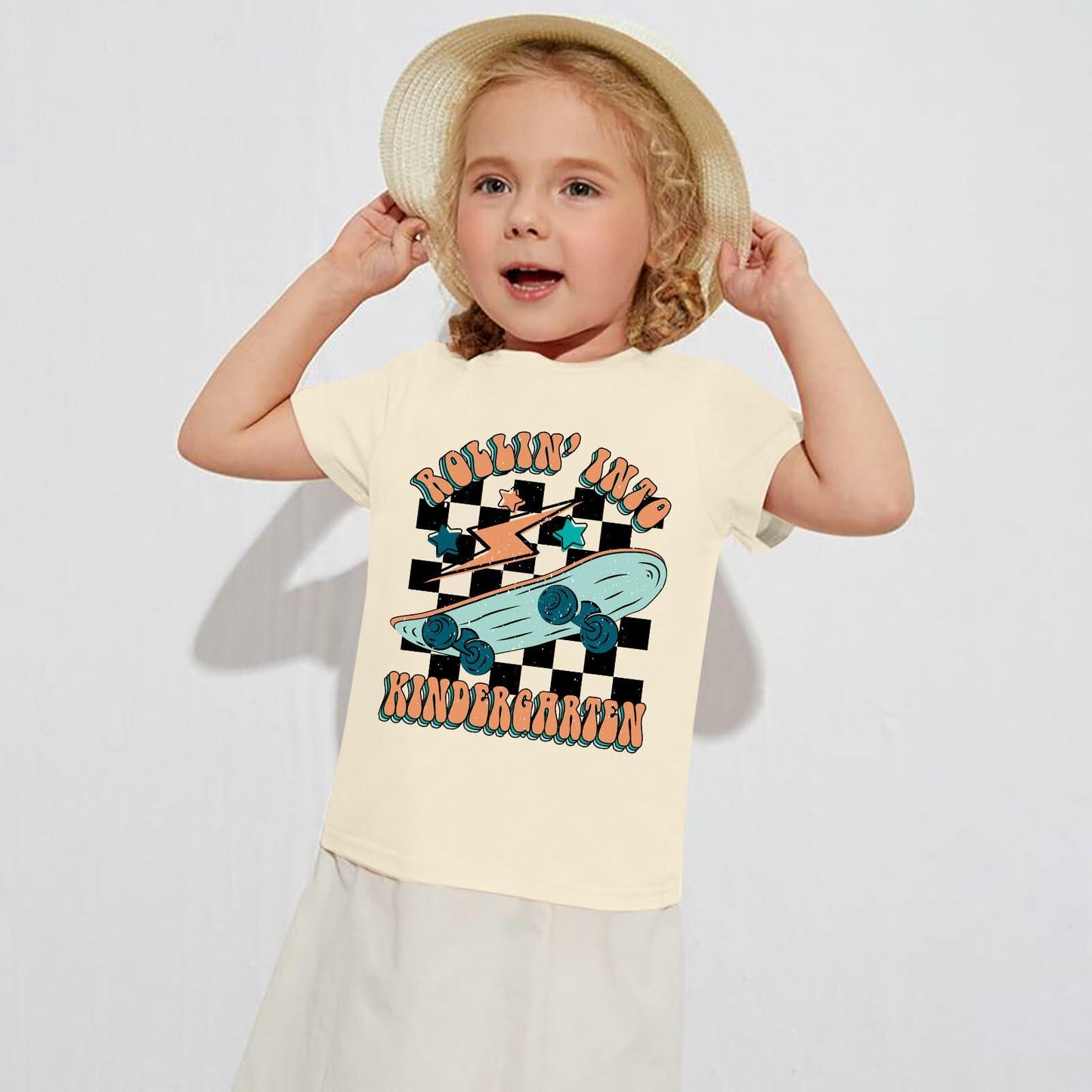 FAYALEQ Rollin Into Kindergarten Shirt Beige Kids Tee -  Size 5-6