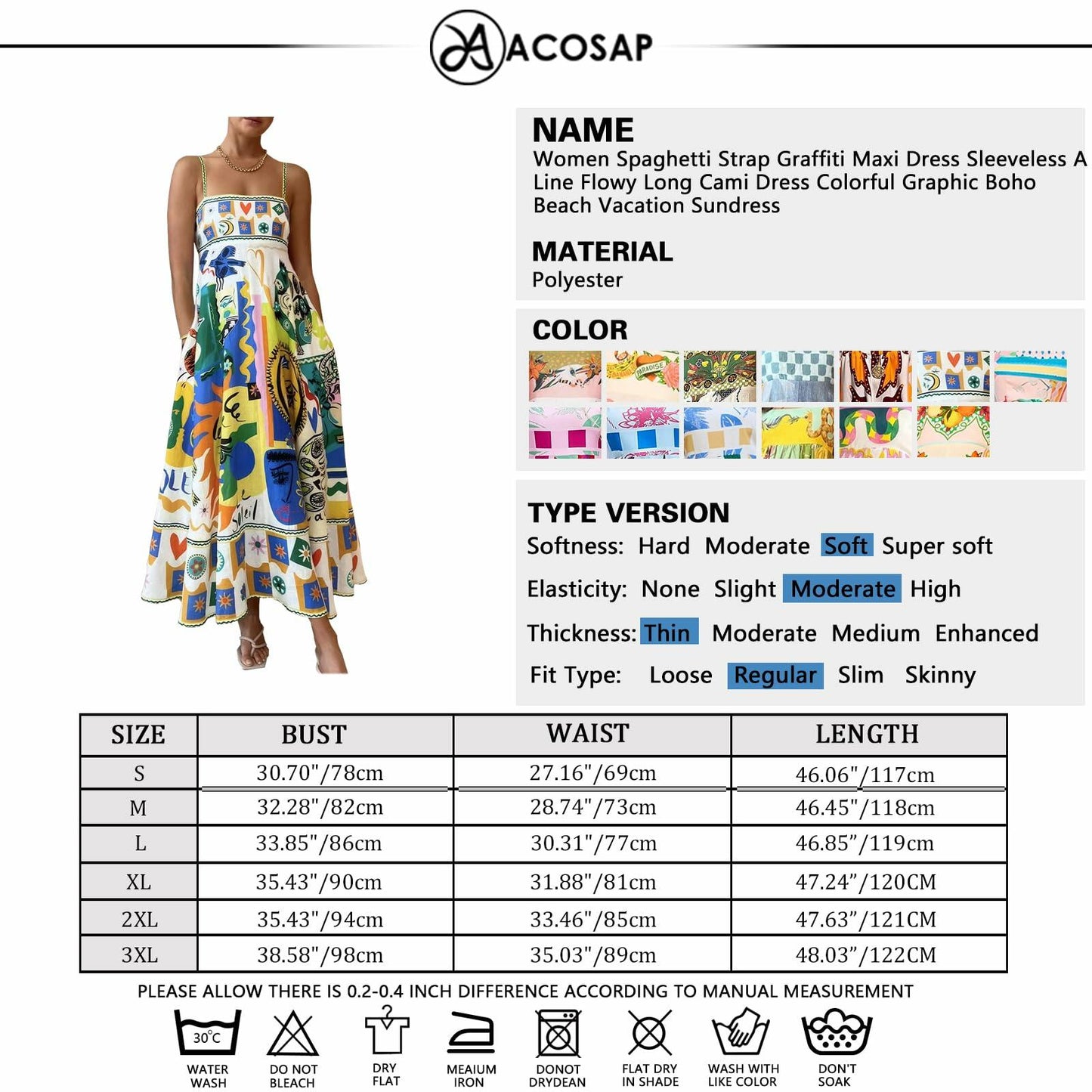 ACOSAP Women Maxi Dress Navy Blue Yellow Graphic Boho Sundress Size L