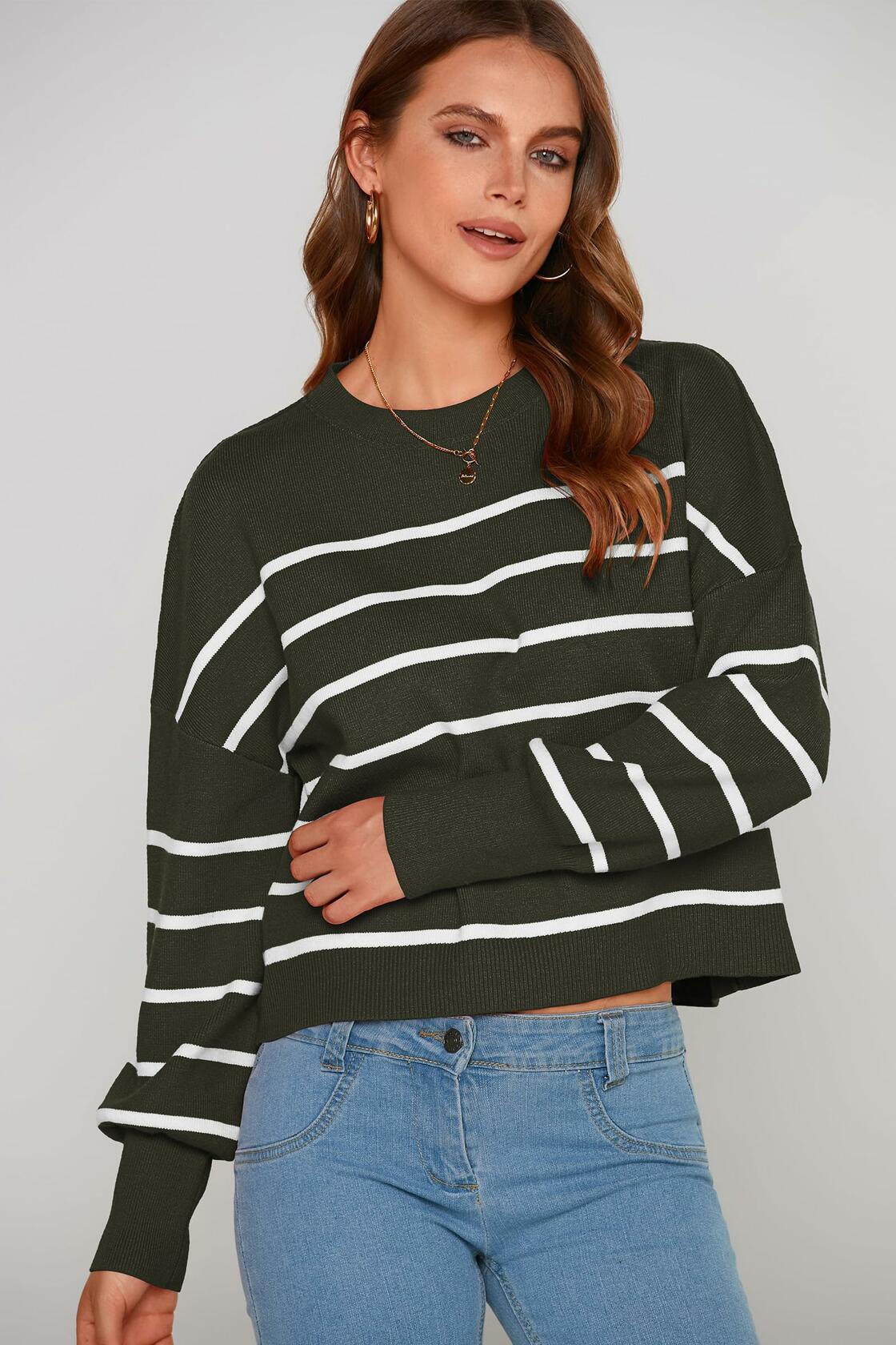 PRETTYGARDEN Women's Fall Striped Cropped Sweater Grey Size L
