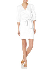 Armani Exchange Women's 3/4 Sleeve Linen Wrap Mini Dress Optic White Size 2