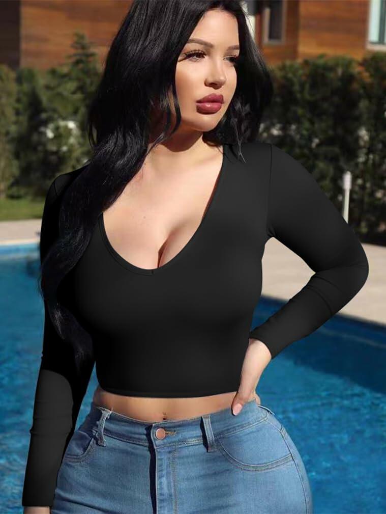 XXTAXN Women's Sexy Bodycon V Neck Long Sleeve Crop Top Black Size S