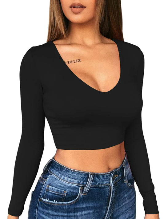 XXTAXN Women's Sexy Bodycon V Neck Long Sleeve Crop Top Black Size S