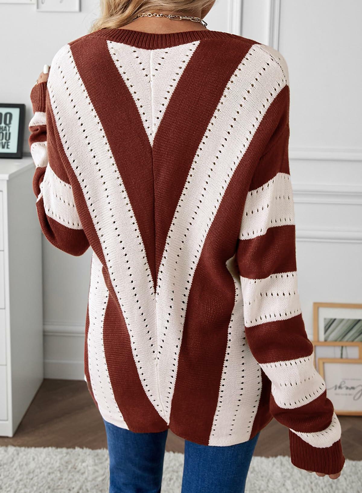 EVALESS Womens Long Sleeve Deep V Neck Striped Sweater Brown Size XL