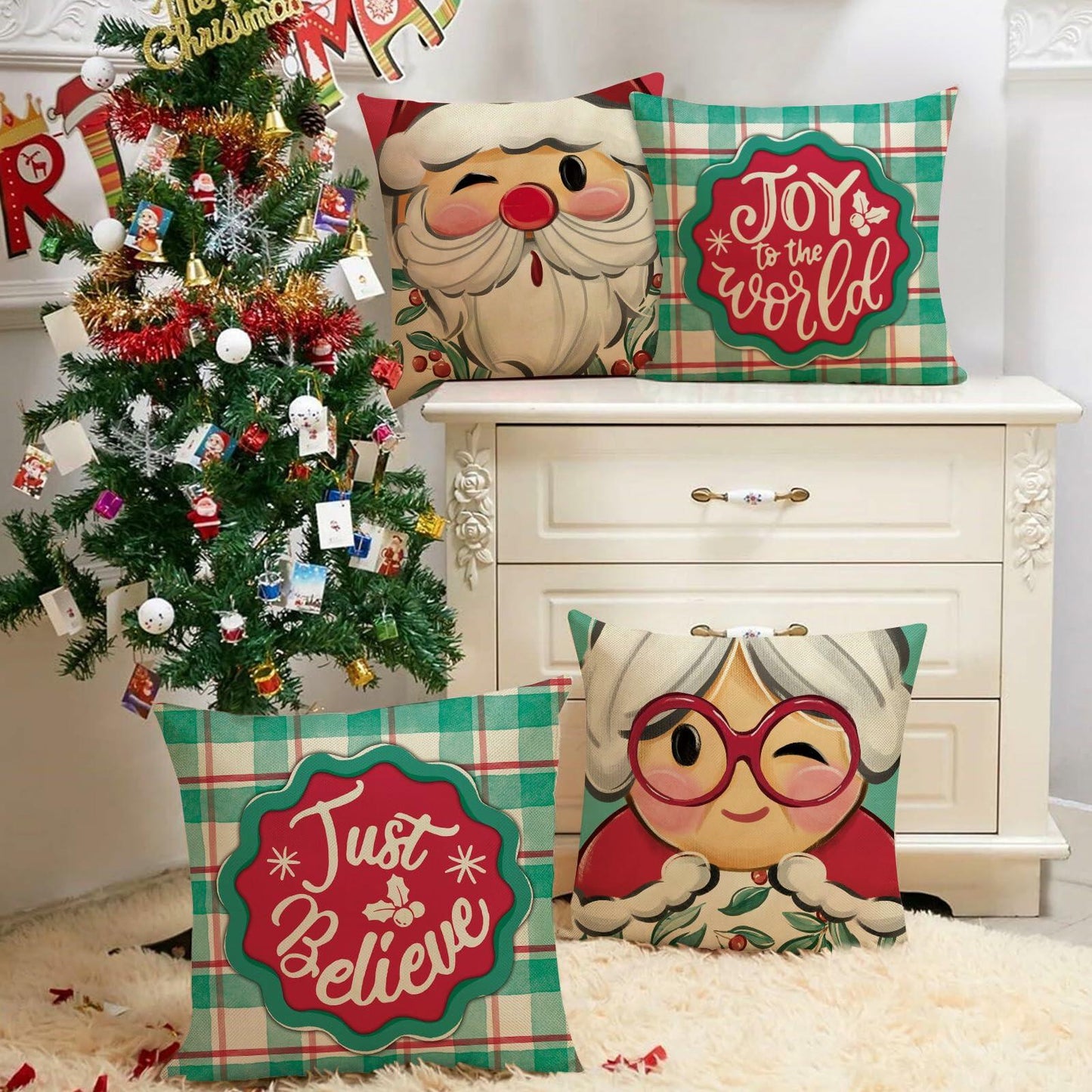 Fjfz Christmas Santa Mrs Claus Throw Pillow Covers 20x20 Green Set of 4
