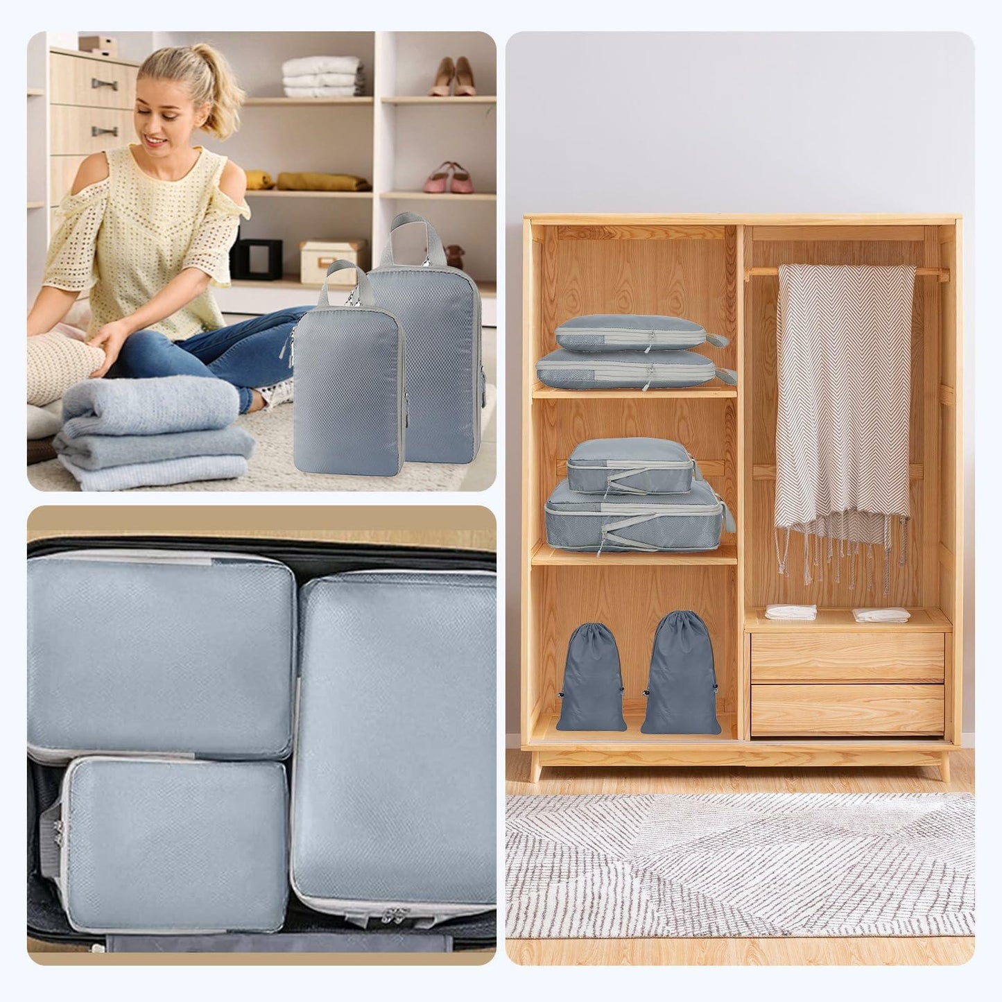 Compression Packing Cubes Travel Organizer 7 Set Grey Luggage Bags