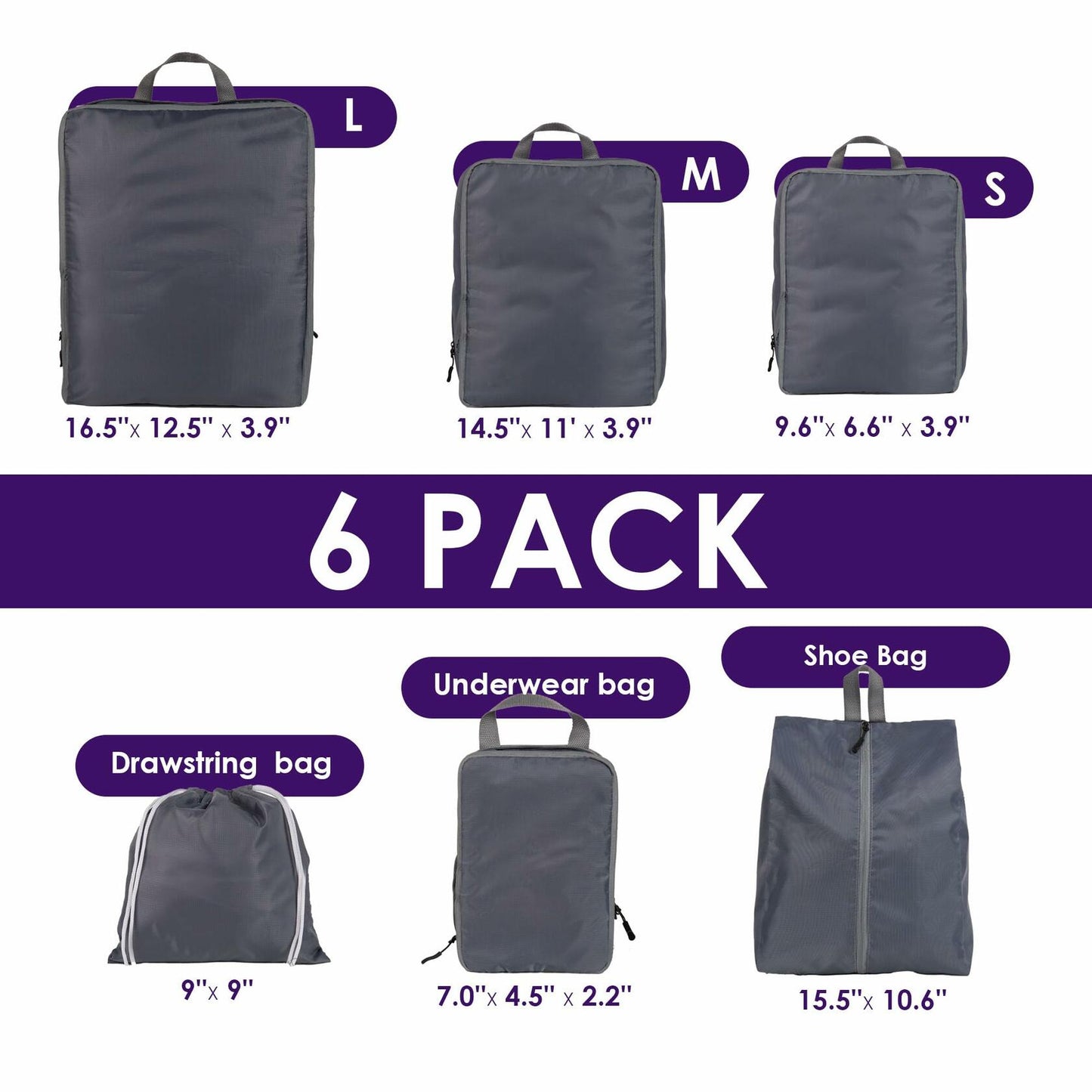 REGINAR Compression Packing Cubes Travel Set of 6 Black Lightweight Organizer
