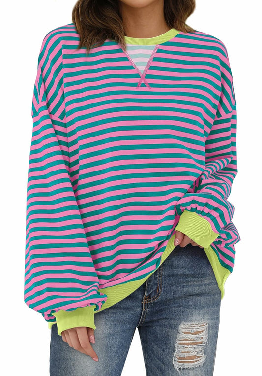 XIEERDUO Women's Oversized Striped Crewneck Sweatshirt Pink Size L