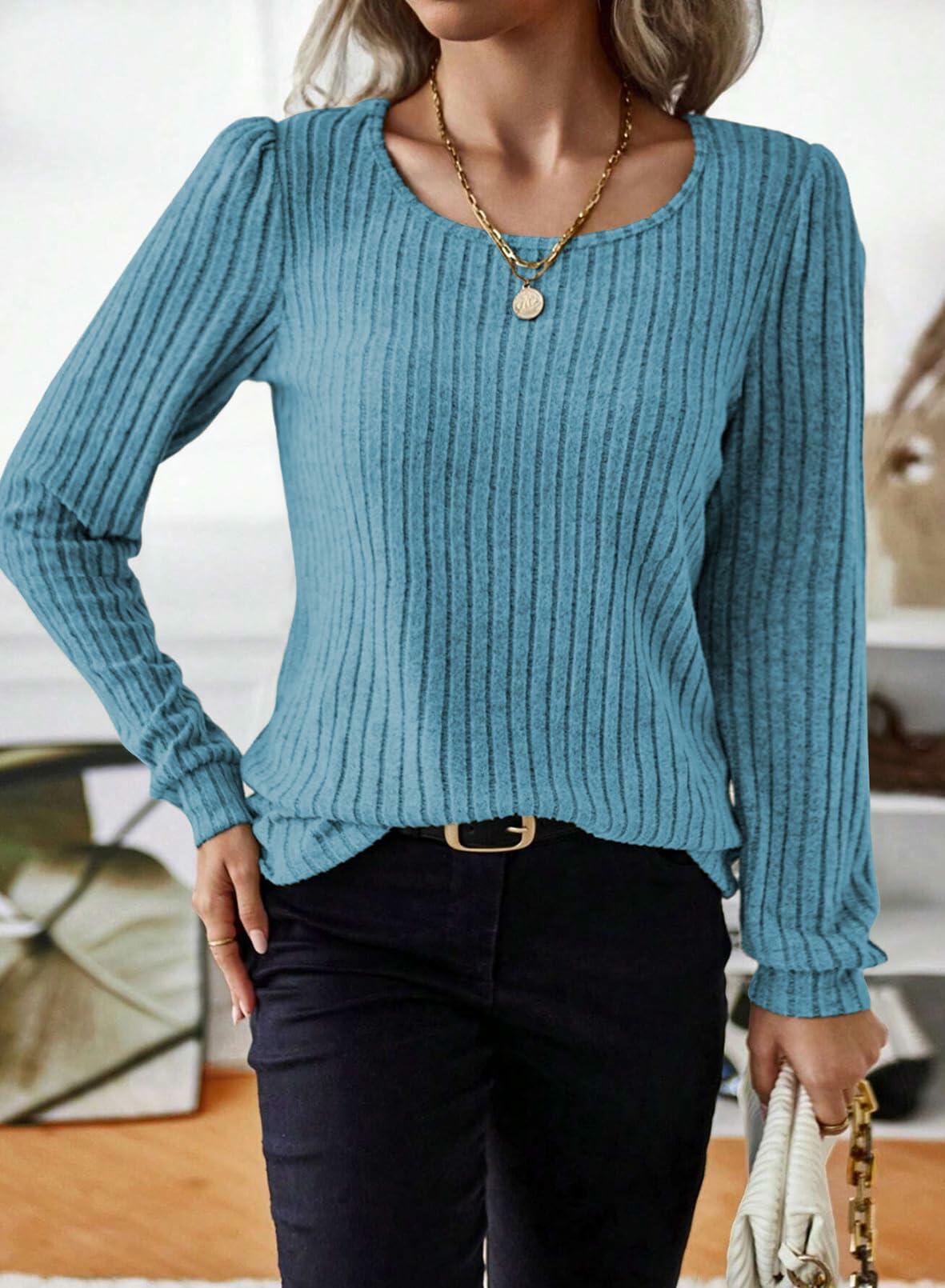 Samefar Womens Ribbed Long Sleeve Round Neck Top Blue Size Small