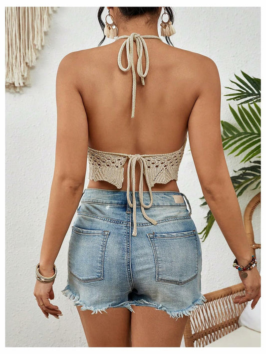 SHENHE Women's Crochet Halter Sweater Sheer Crop Top Apricot Size L