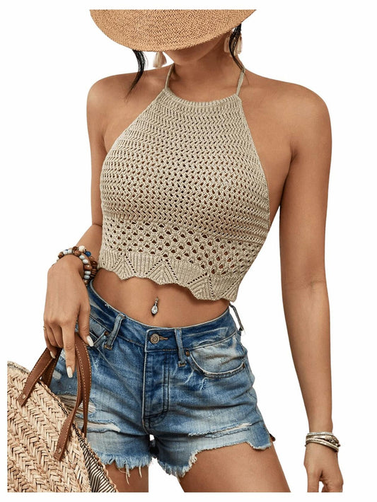 SHENHE Women's Crochet Halter Sweater Sheer Crop Top Apricot Size L