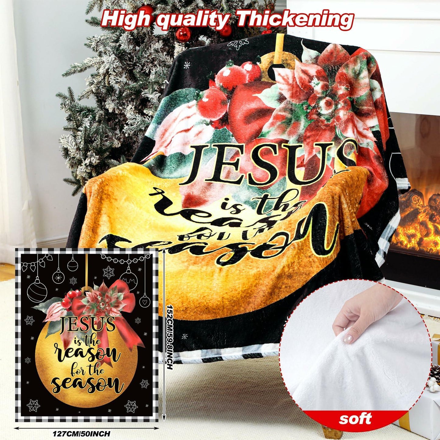 HunnmingRe Christian Christmas Throw Blanket Jesus Nativity 60x50 Black Gold