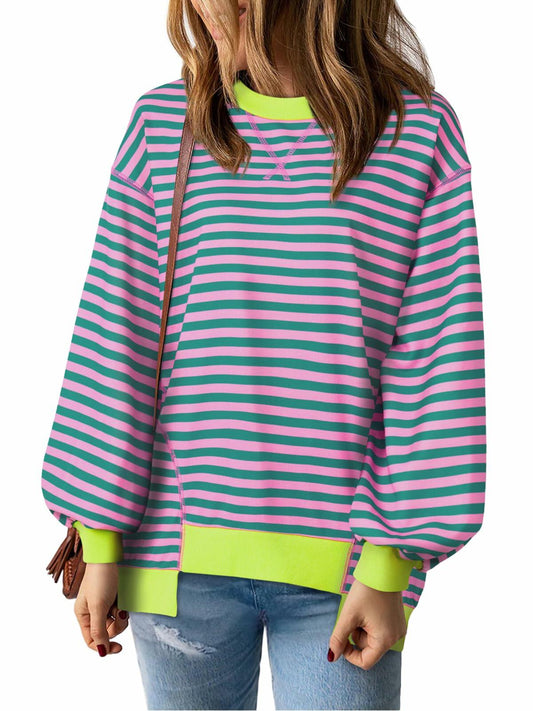 Womens Colorblock Pullover Sweatshirt Long Sleeve Green Pink Size M
