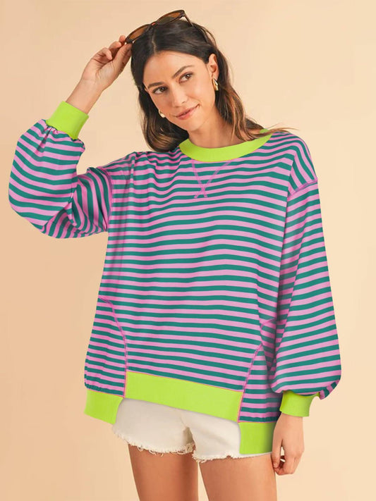 Womens Colorblock Pullover Sweatshirt Long Sleeve Green Pink Size M