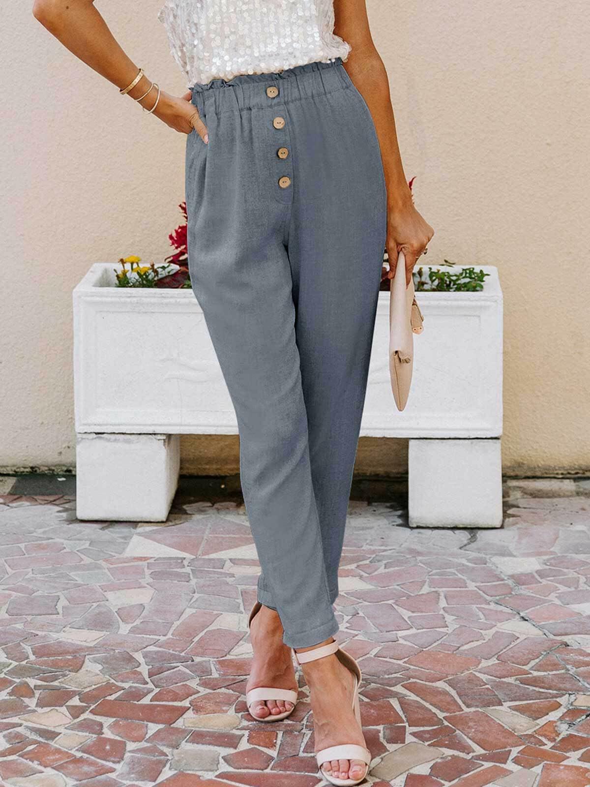 NIMIN Women's High Waisted Paper Bag Work Pants Blue Grey Size 2XL