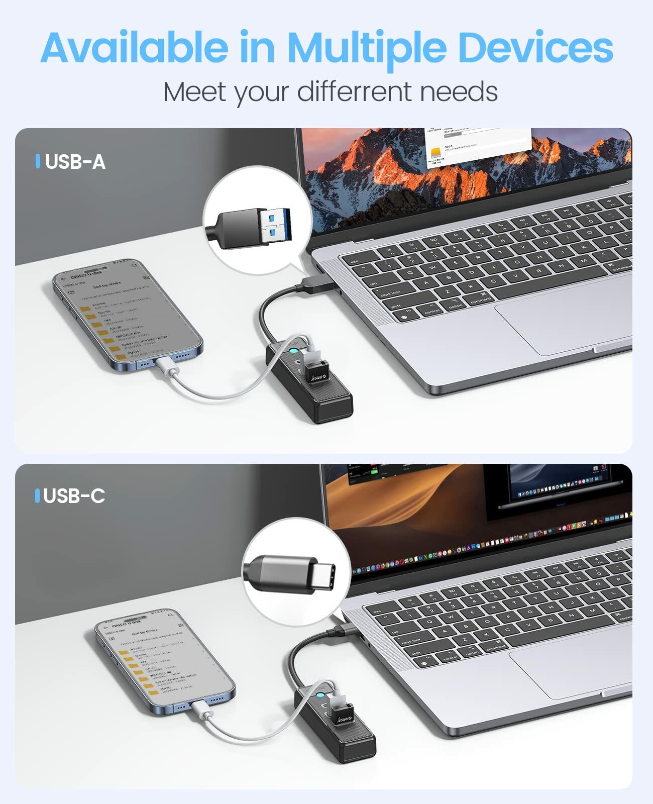 ORICO USB C Hub 3-Port USB 3.1 to USB 3.0 Adapter White 0.5ft Cable