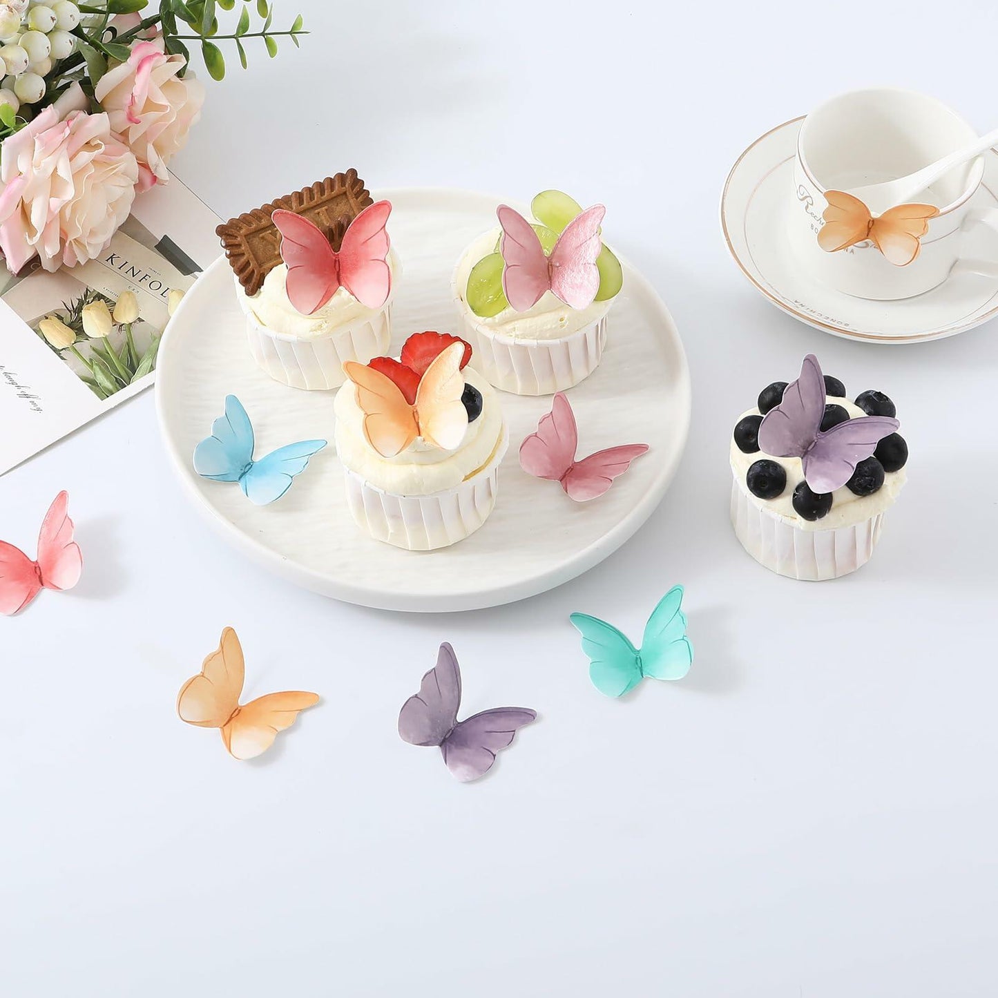THJ 48Pcs Edible Wafer Paper Butterflies Cake Decoration Mix Color