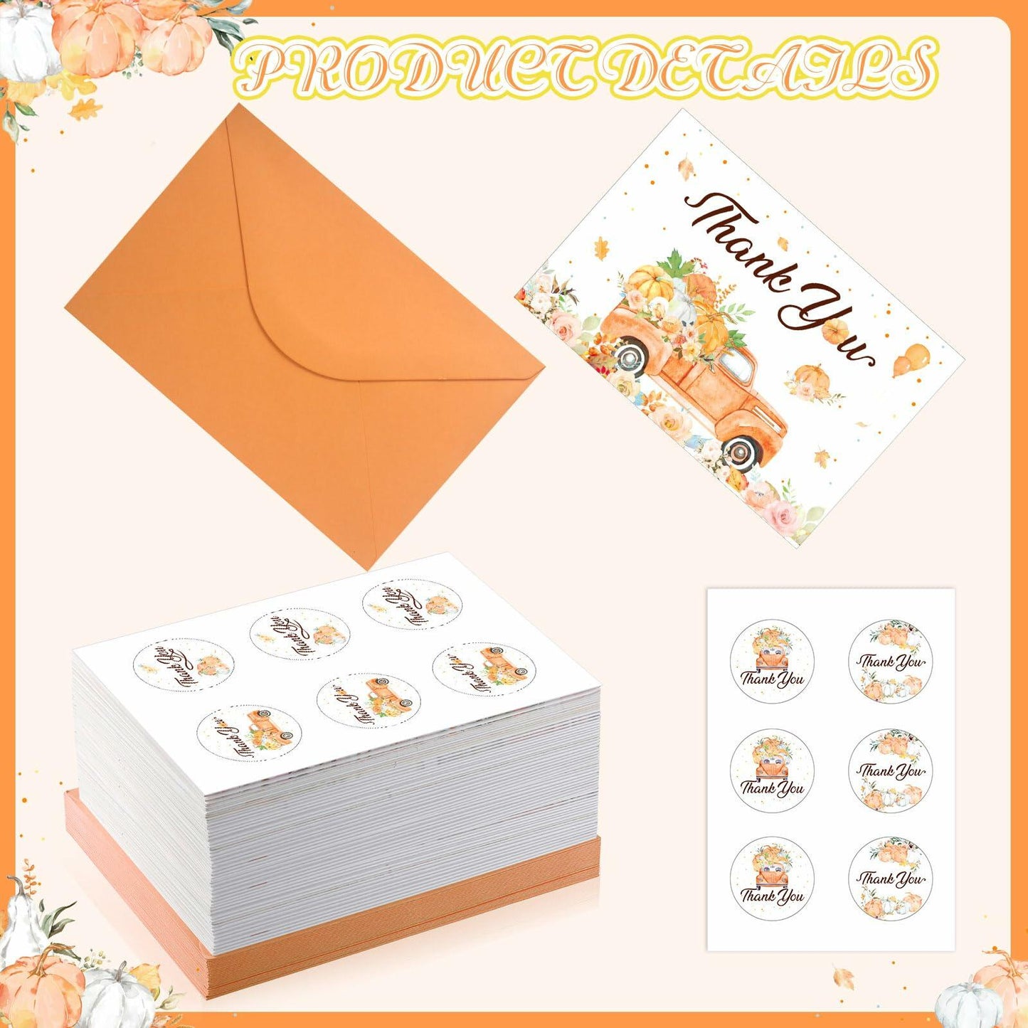 Dianelhall Pumpkin Thank You Cards Set 30pcs 4x6 Inch Orange Fall Theme