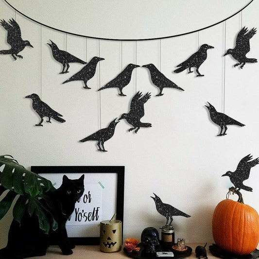 Cheerland Glitter Black Crow Halloween Decoration Banner Garland Black