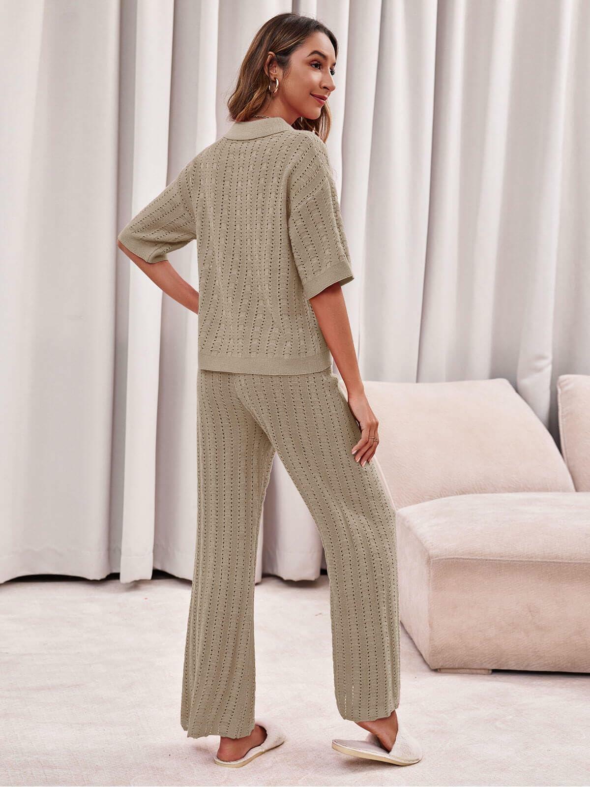 Imily Bela Womens 2PC Hollow Out Knit Cardigan Wide Leg Pants Set Khaki Size M